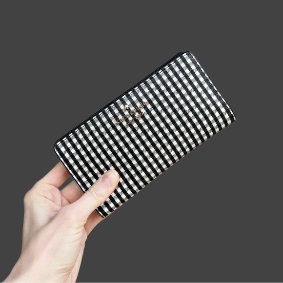 KATE SPADE Black & White Gingham Plaid Leather Madison Large Slim Bifold Wallet - Picture 2 of 9